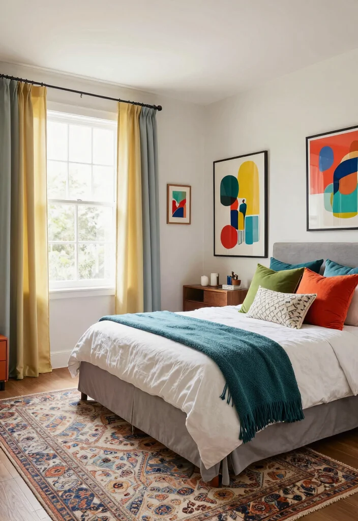 17 Long Bedroom Layout Ideas: Smart Flow Solutions - 12. Use Colorful Accents to Brighten Up 1