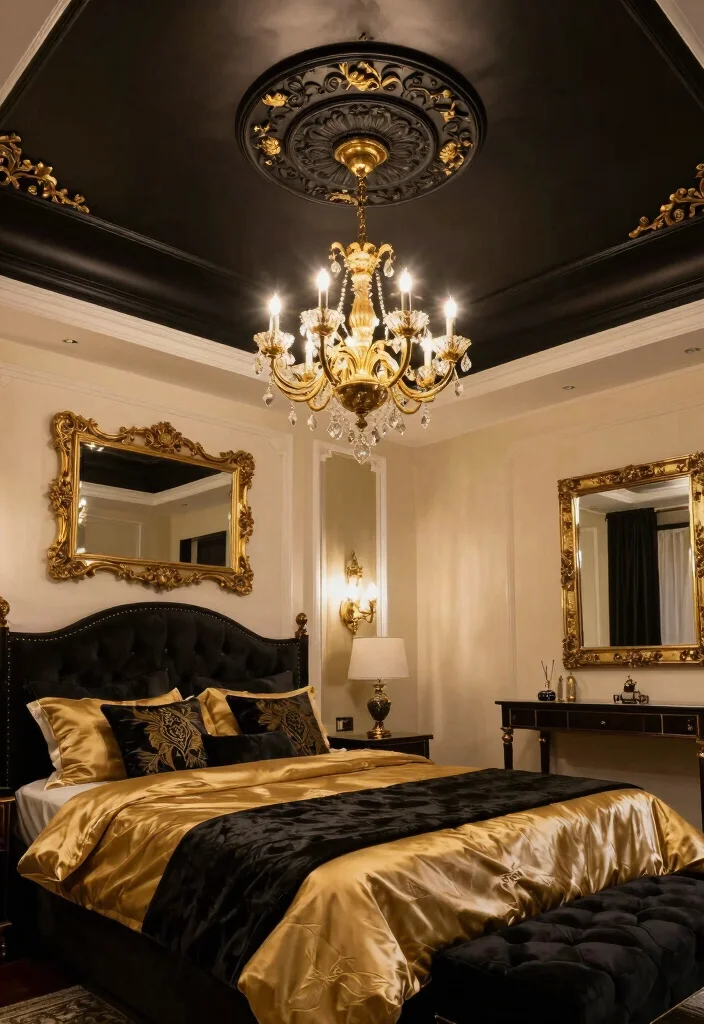 17 Luxurious Tray Ceiling Ideas for Your Bedroom Master Suite - 2. Bold Black and Gold 1