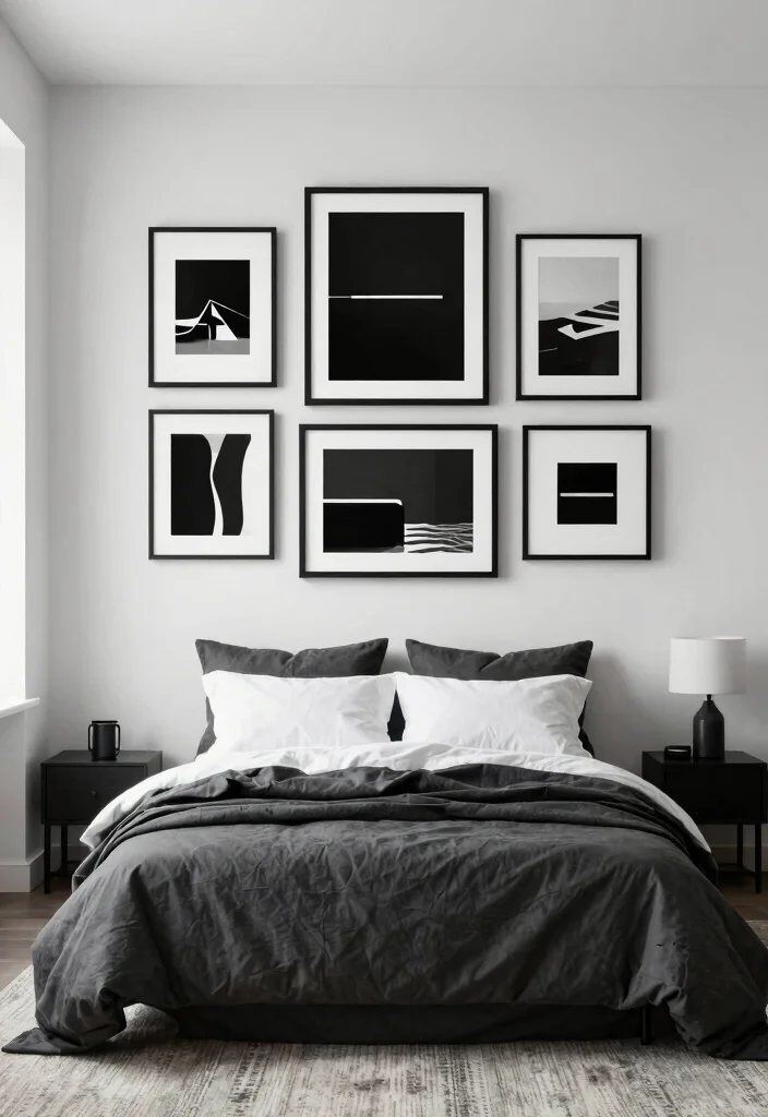 18 Bedroom Gallery Wall Above Bed Ideas for a Balanced Aesthetic - 1. Monochrome Magic 1