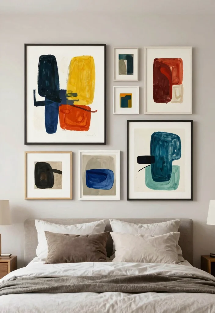 18 Bedroom Gallery Wall Above Bed Ideas for a Balanced Aesthetic - 11. Abstract Art 1