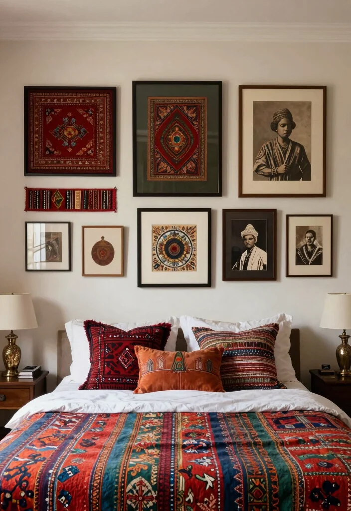 18 Bedroom Gallery Wall Above Bed Ideas for a Balanced Aesthetic - 16. Cultural Elements 1
