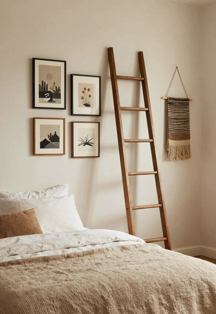 18 Bedroom Gallery Wall Above Bed Ideas for a Balanced Aesthetic - 17. Ladder Display 1