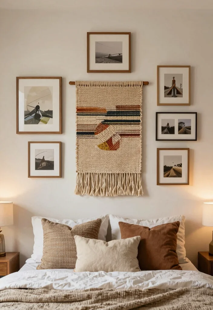 18 Bedroom Gallery Wall Above Bed Ideas for a Balanced Aesthetic - 3. Layered Textures 1