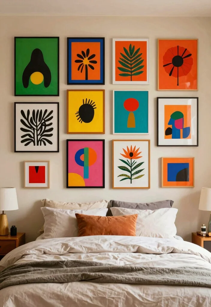 18 Bedroom Gallery Wall Above Bed Ideas for a Balanced Aesthetic - 8. Colorful Pop 1