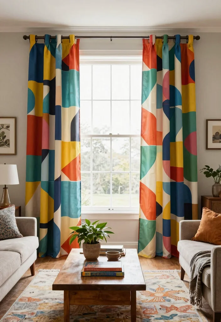 12 Farmhouse Curtain Ideas That Add Privacy Without Blocking Light - 11. Colorful Geometric Drapes for a Bold Statement 1