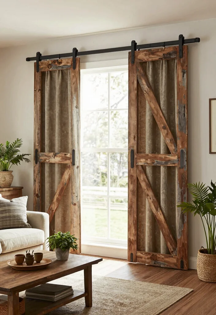 12 Farmhouse Curtain Ideas That Add Privacy Without Blocking Light - 4. Rustic Barn Door Style Curtains 1
