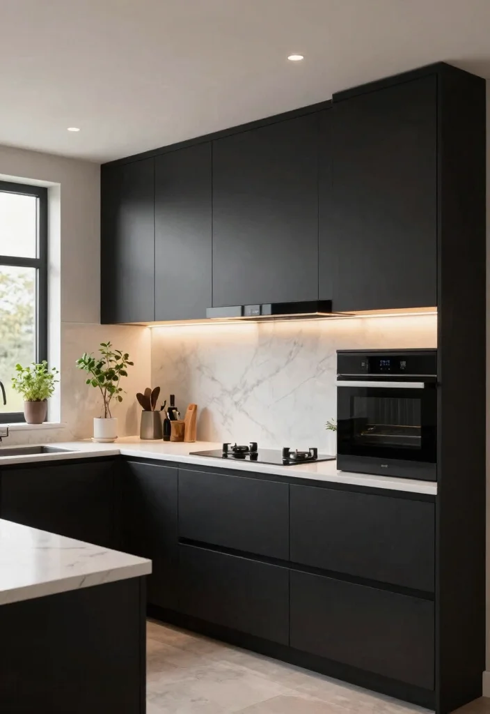 12 Floor to Ceiling Cabinets That Maximize Tight Kitchens - 3. Minimalist Black Cabinets with Integrated Lighting 1