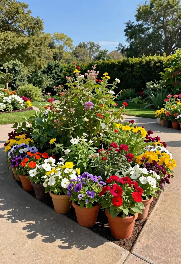 12 Flower Pots in Flower Beds Ideas That Add Height Without Digging - 10. Decorative Garden Edging with Pots 1