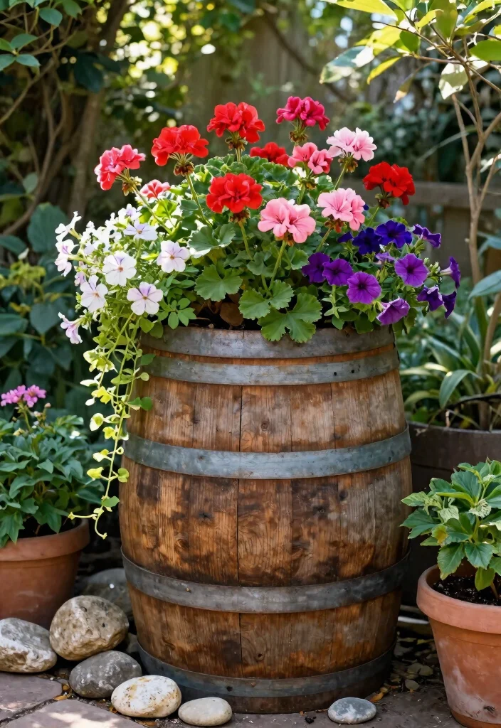 12 Flower Pots in Flower Beds Ideas That Add Height Without Digging - 11. Rustic Barrels and Tubs 1