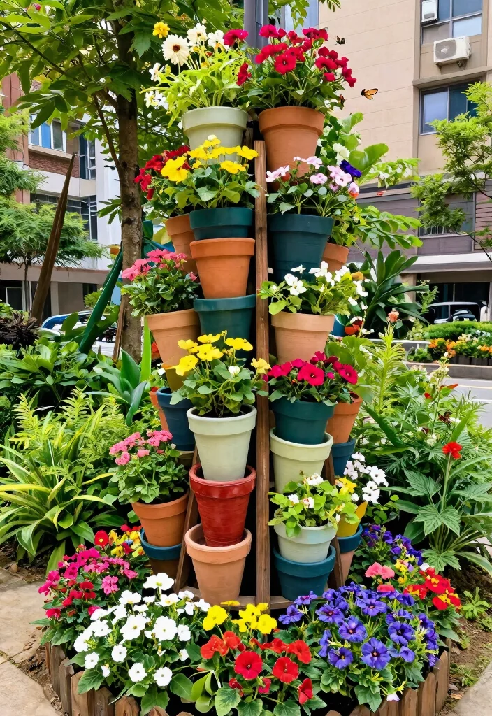 12 Flower Pots in Flower Beds Ideas That Add Height Without Digging - 3. Vertical Columns of Pots 1