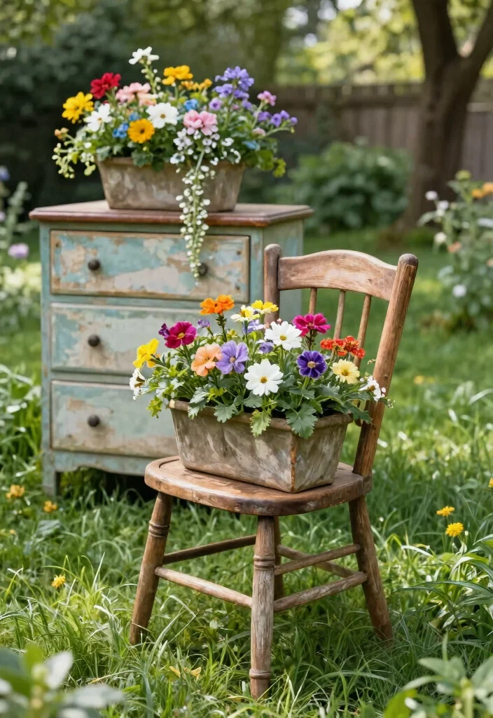 12 Flower Pots in Flower Beds Ideas That Add Height Without Digging - 6. Repurposed Furniture 1