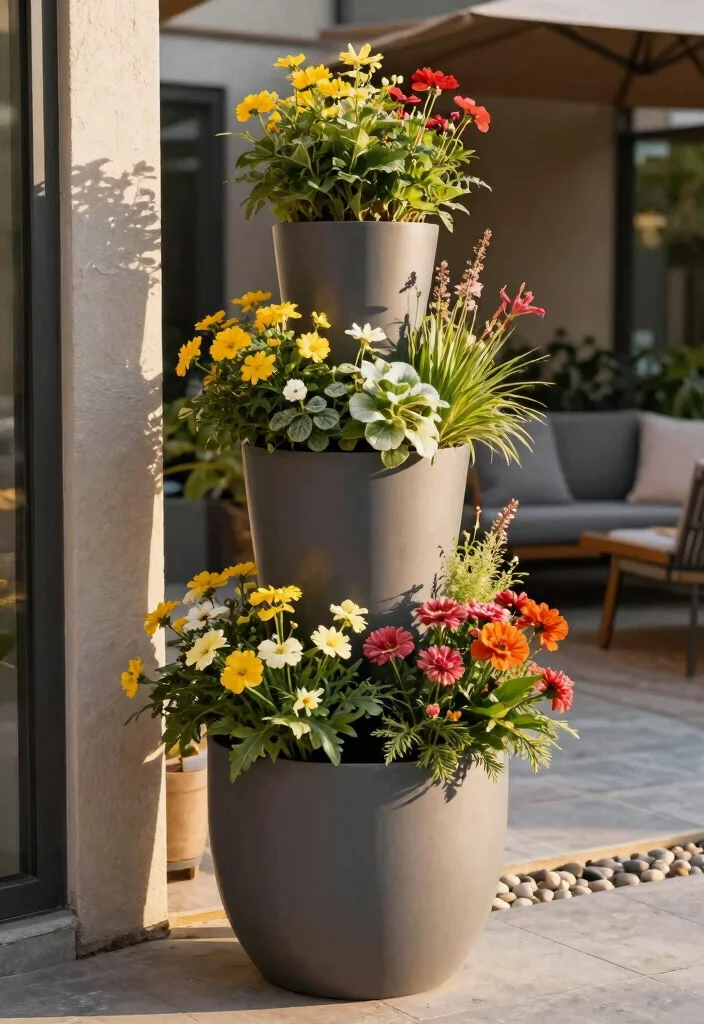 12 Flower Pots in Flower Beds Ideas That Add Height Without Digging - 7. Columnar Planters 1