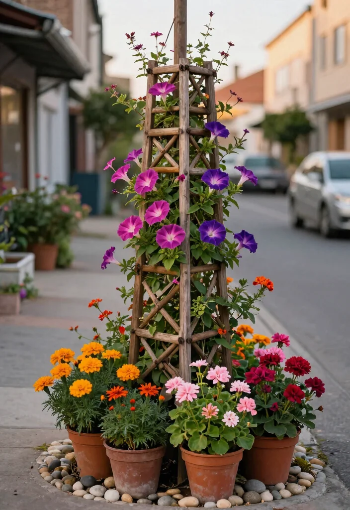 12 Flower Pots in Flower Beds Ideas That Add Height Without Digging - 8. Vertical Trellises with Pots 1