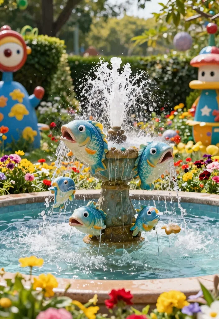 12 Outdoor Water Fountains That Run Without Buried Plumbing - 11. Playful Spouting Fish Fountain 1