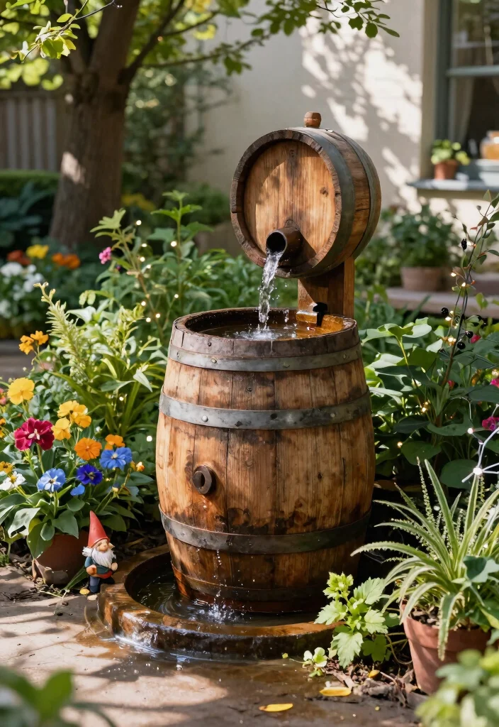 12 Outdoor Water Fountains That Run Without Buried Plumbing - 4. Rustic Wooden Barrel Fountain 1