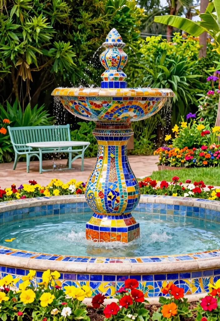 12 Outdoor Water Fountains That Run Without Buried Plumbing - 7. Colorful Mosaic Fountain 1