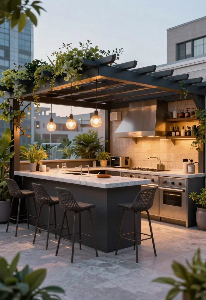 12 Roof Top Pergola Ideas That Provide Shade Without Blocking Views - 12. Pergola with Outdoor Kitchen 1
