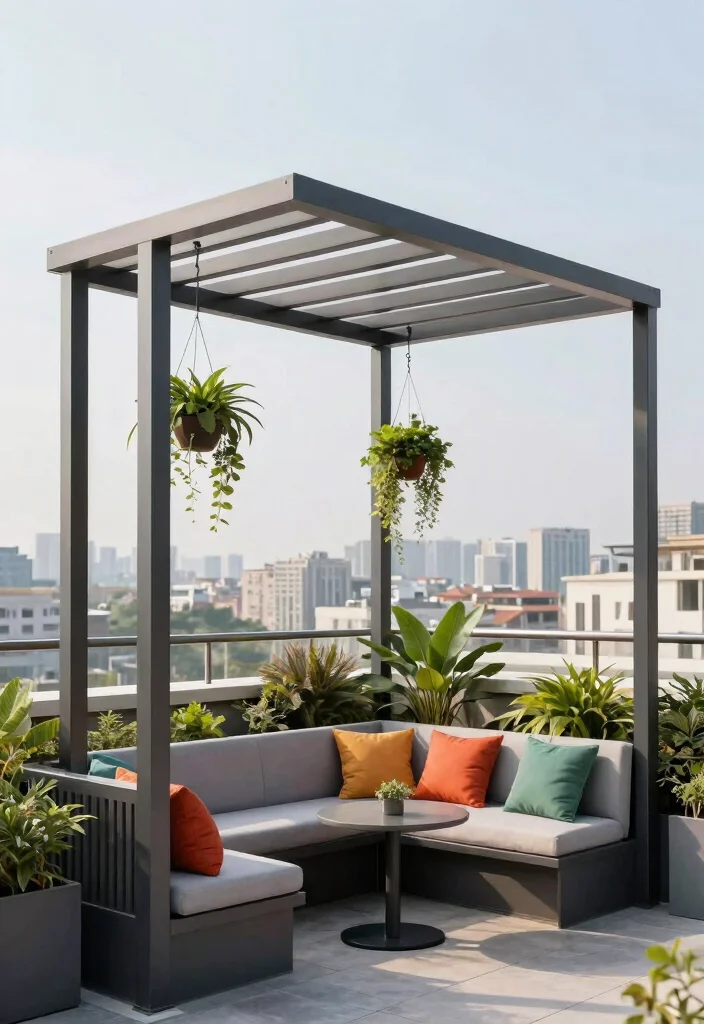 12 Roof Top Pergola Ideas That Provide Shade Without Blocking Views - 3. Metal Frame Pergola 1