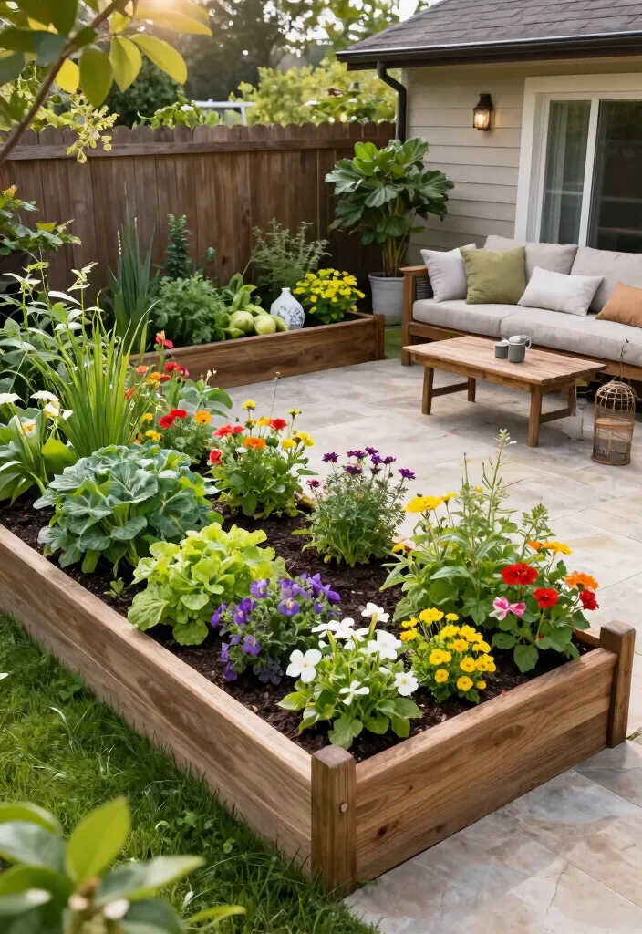 12 Small Backyard Patio Ideas That Fit Without Killing the Grass - 7. Raised Garden Beds Incorporated with Patios 1