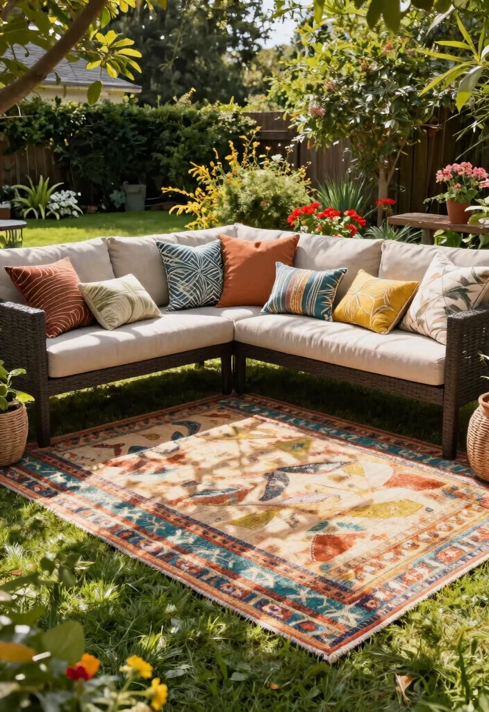 12 Small Backyard Patio Ideas That Fit Without Killing the Grass - 8. Outdoor Rugs for Comfort and Style 1