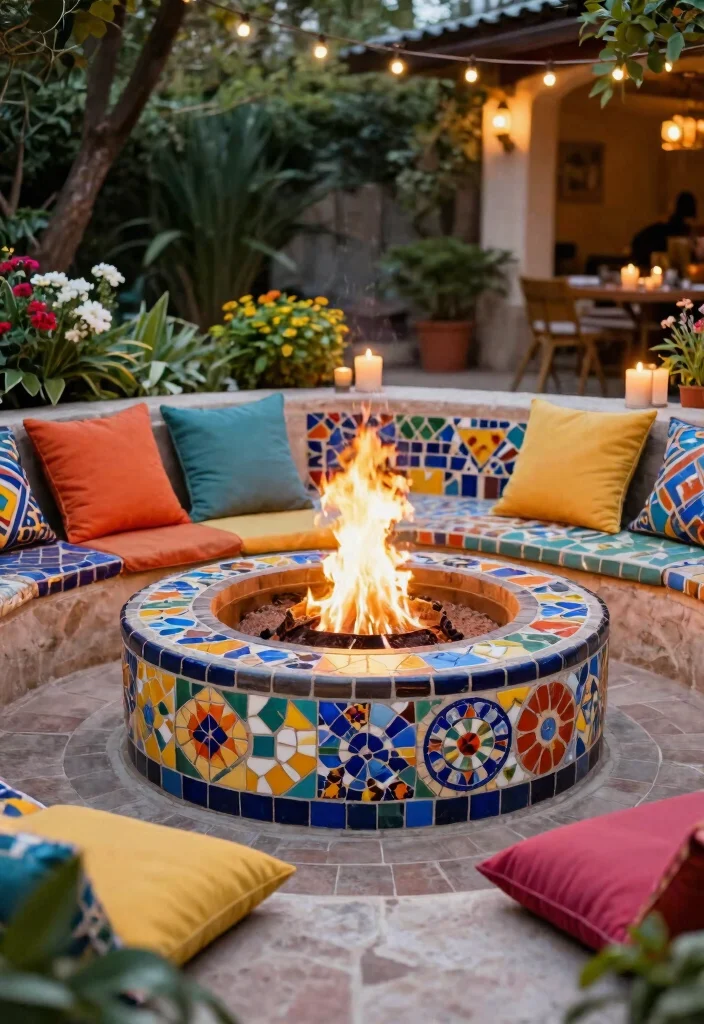 12 Sunken Fire Pit Ideas That Keep Flames Low and Seating Close - 3. Artistic Mosaic Sunken Fire Pit 1