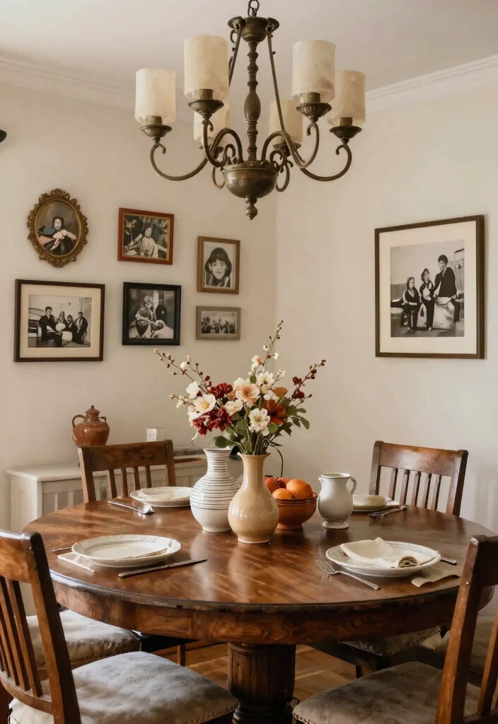 14 Farmhouse Chandelier Dining Rooms That Scale Right Over the Table - 14. Personal Touch with Family Heirlooms 1