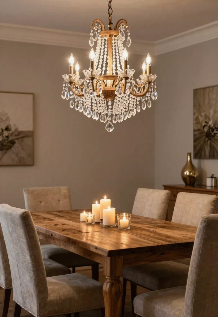 14 Farmhouse Chandelier Dining Rooms That Scale Right Over the Table - 3. Rustic Lighting with a Touch of Glam 1