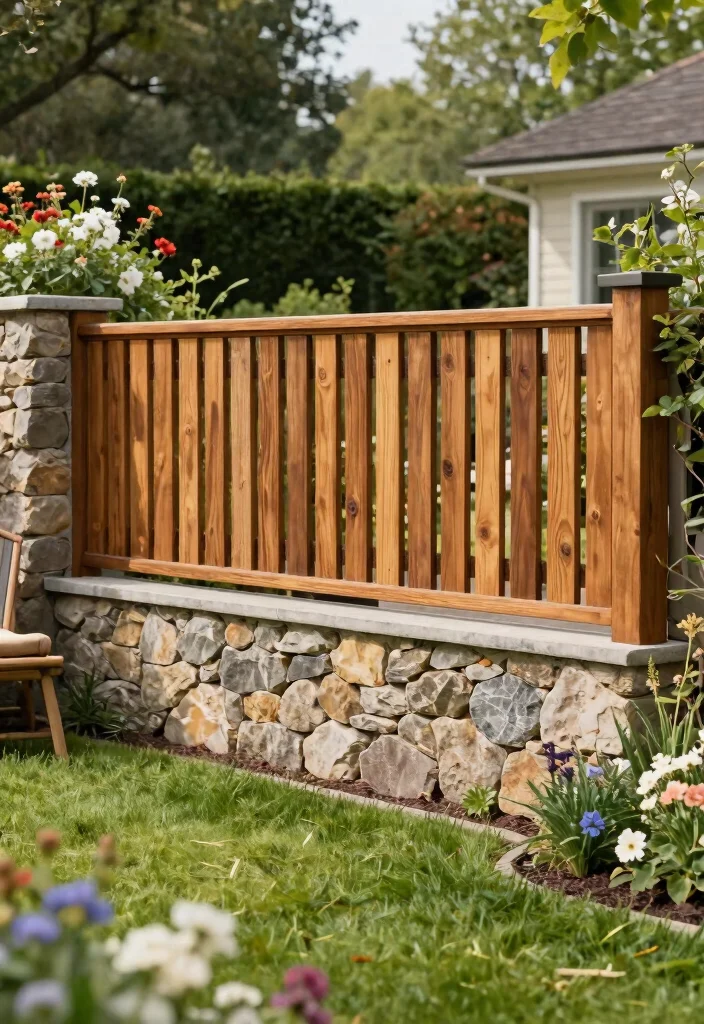 14 Modern Fence Design Ideas That Add Curb Appeal - 5. Stone and Timber Combination 1