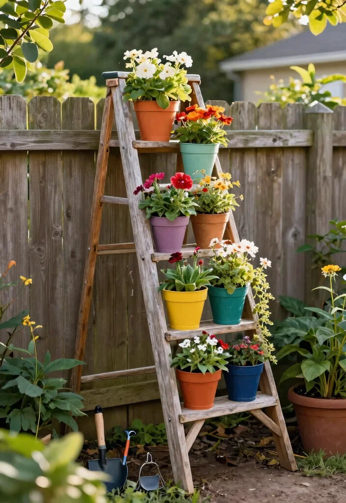 14 Outdoor Planter Wall Ideas That Turn Blank Fences Into Vertical Gardens - 5. Ladder Planter Wall 1