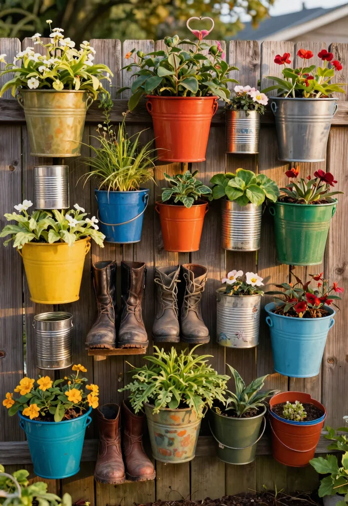 14 Outdoor Planter Wall Ideas That Turn Blank Fences Into Vertical Gardens - 9. Recycled Containers 1