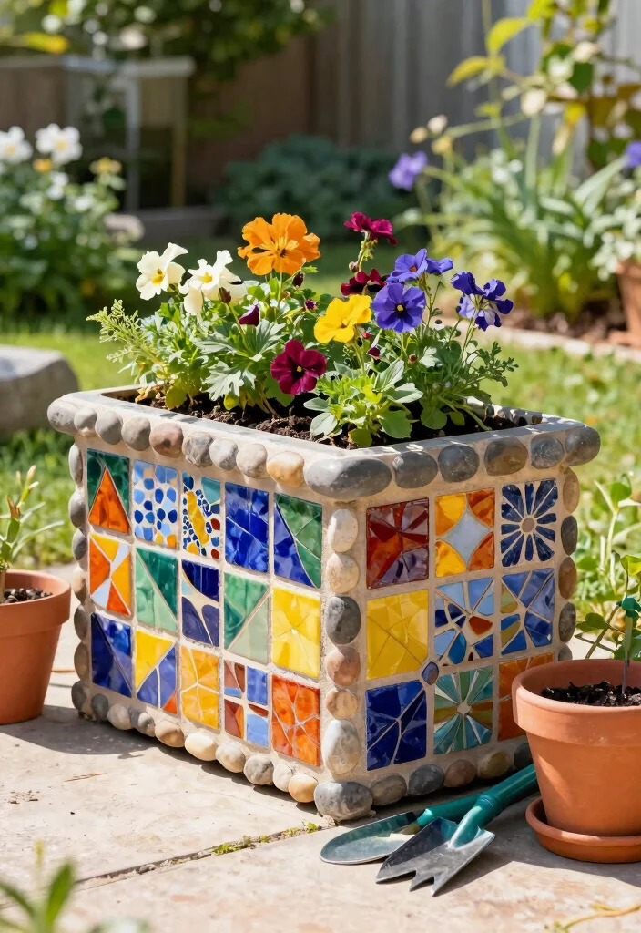 14 Planter Box Plans You Can Build in One Weekend - 14. Colorful Mosaic Planter Box 1