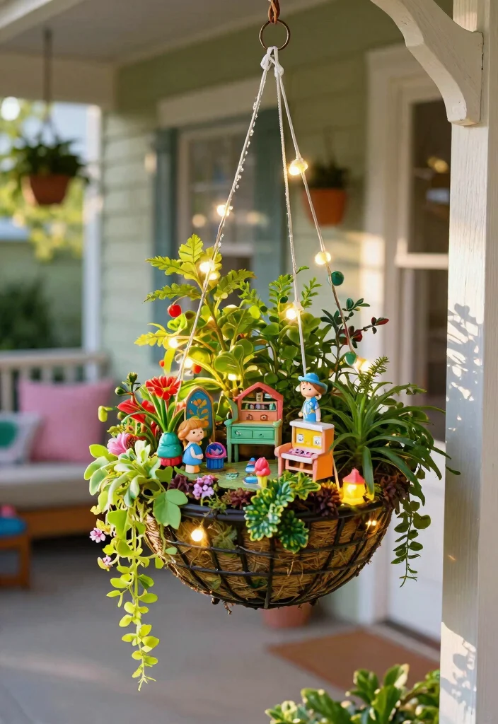 14 Porch Hanging Basket Ideas That Stay Watered Without Daily Attention - 10. Fairy Garden Hanging Baskets 1