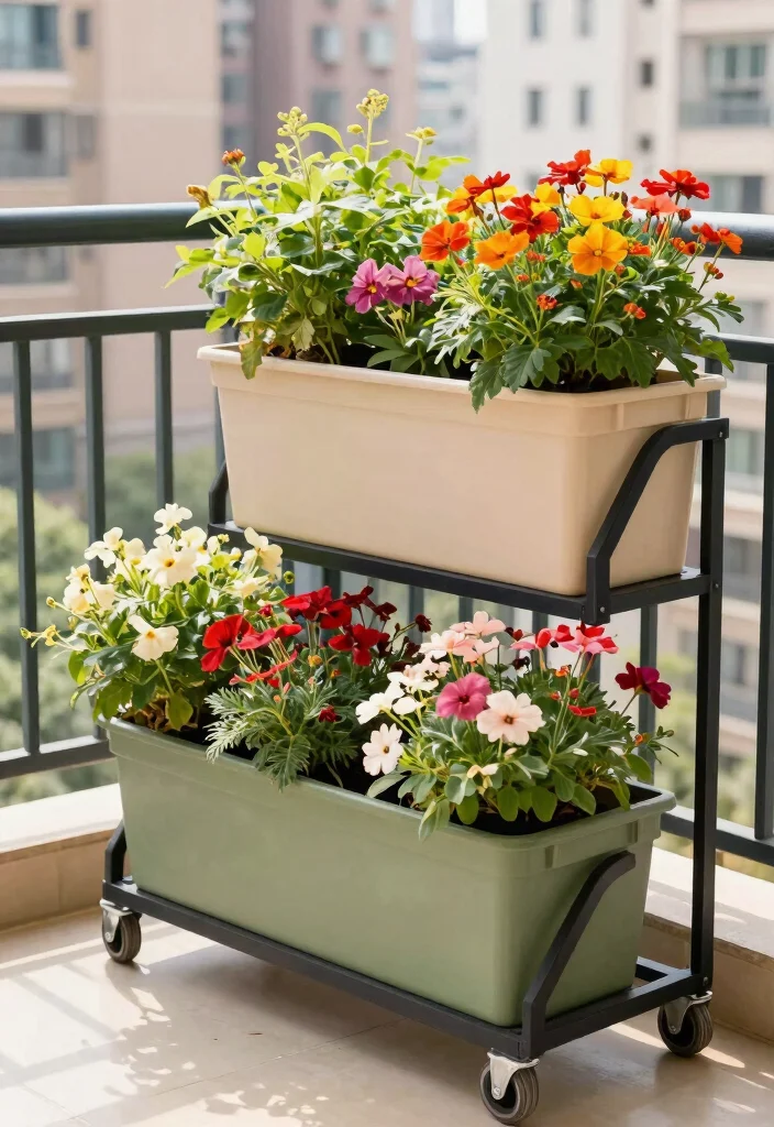 14 Porch Railing Planters That Stay Put in High Wind - 9. Portable Planters on Wheels 1