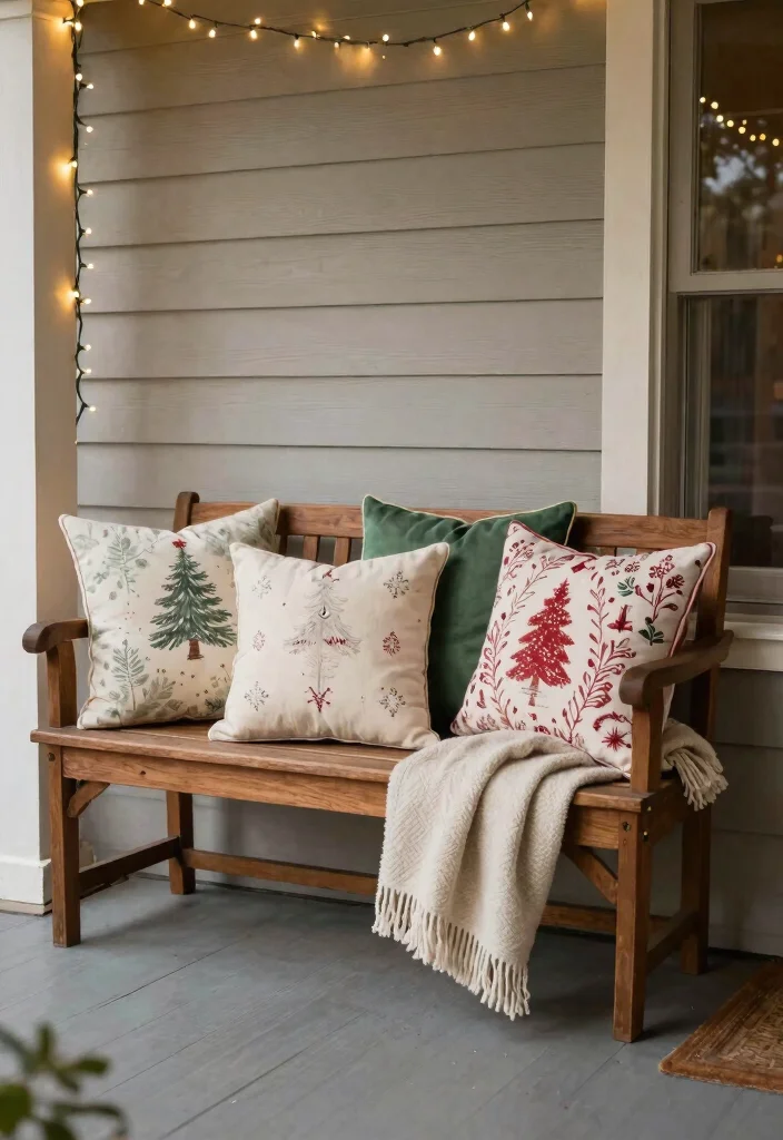 14 Small Front Porch Christmas Decor Ideas That Don't Crowd the Entry - 7. Festive Pillows 1