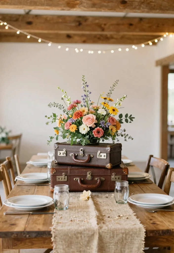 15 Farmhouse Wedding Decor Ideas That Look Expensive for Less - 1. Vintage Suitcase Centerpieces 1