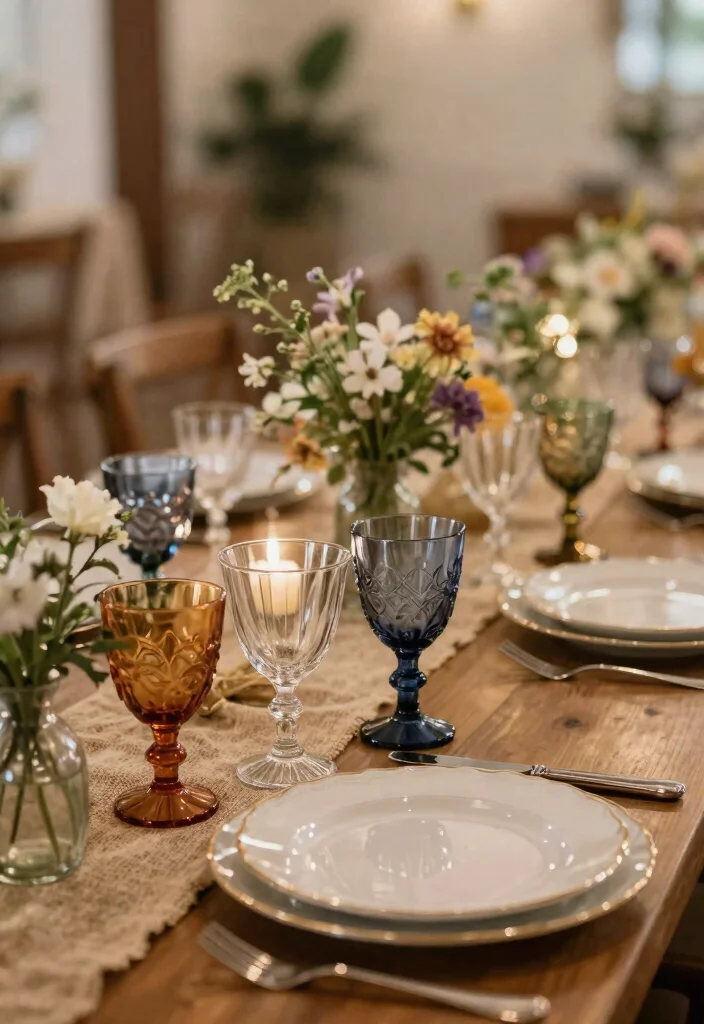 15 Farmhouse Wedding Decor Ideas That Look Expensive for Less - 11. Vintage Glassware for Table Settings 1