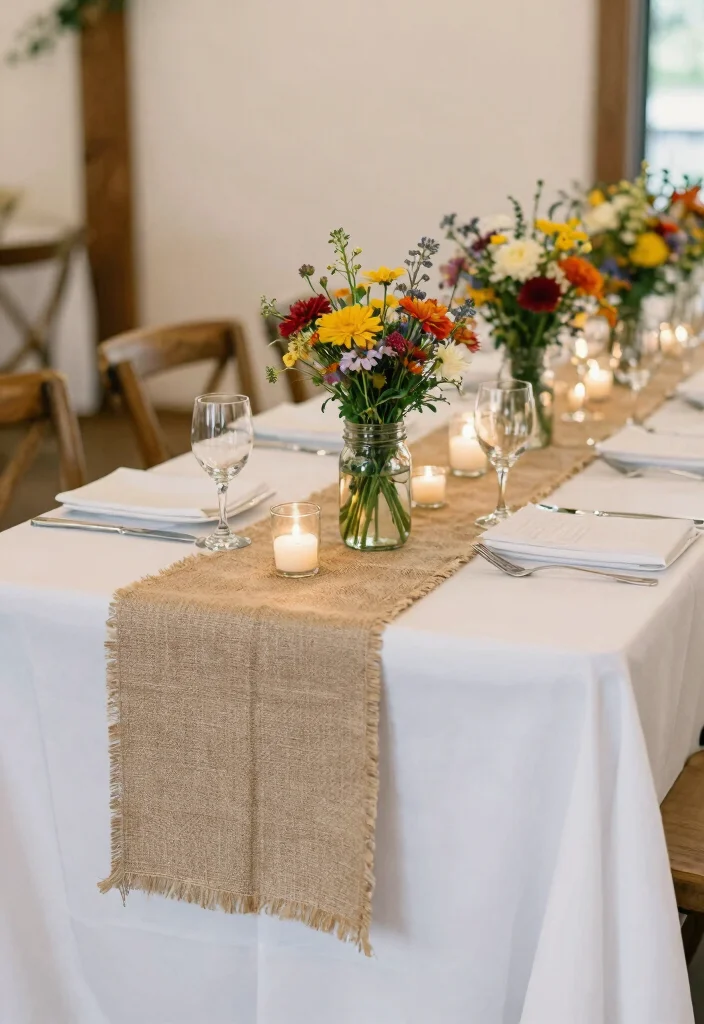 15 Farmhouse Wedding Decor Ideas That Look Expensive for Less - 7. Burlap Table Runners 1