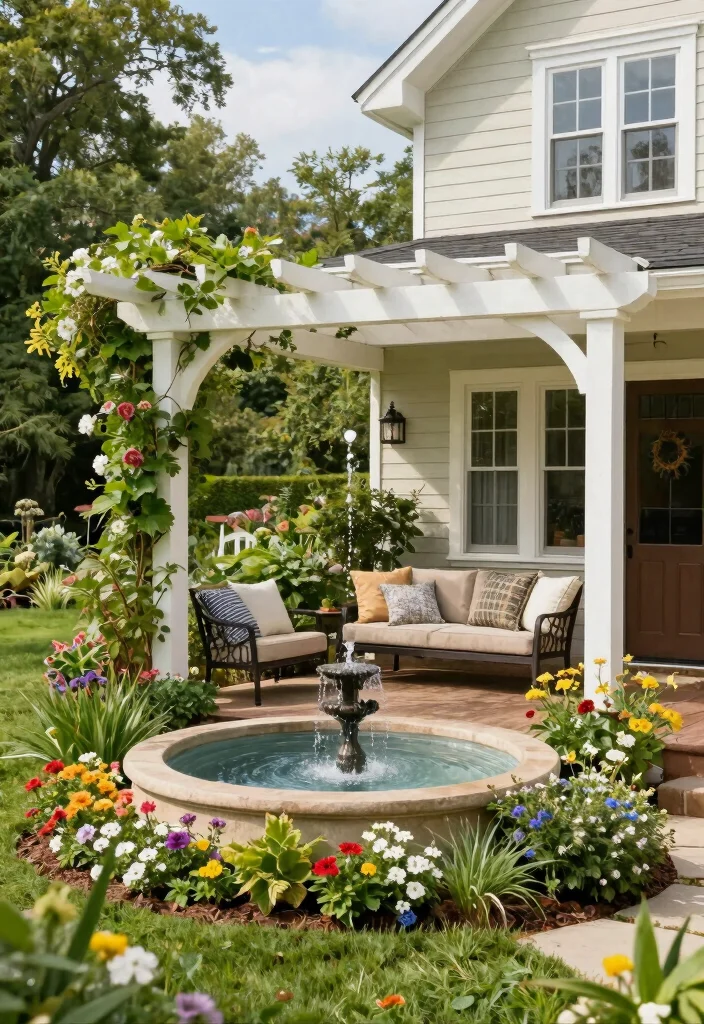 15 Front Porch Pergola Ideas That Add Shade and Boost Curb Appeal - 6. Pergola with a Water Feature 1