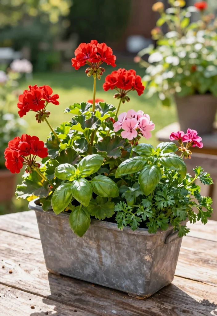 15 Geranium Planter Ideas That Bloom All Summer Long - 12. Geranium and Edible Plant Pairing 1
