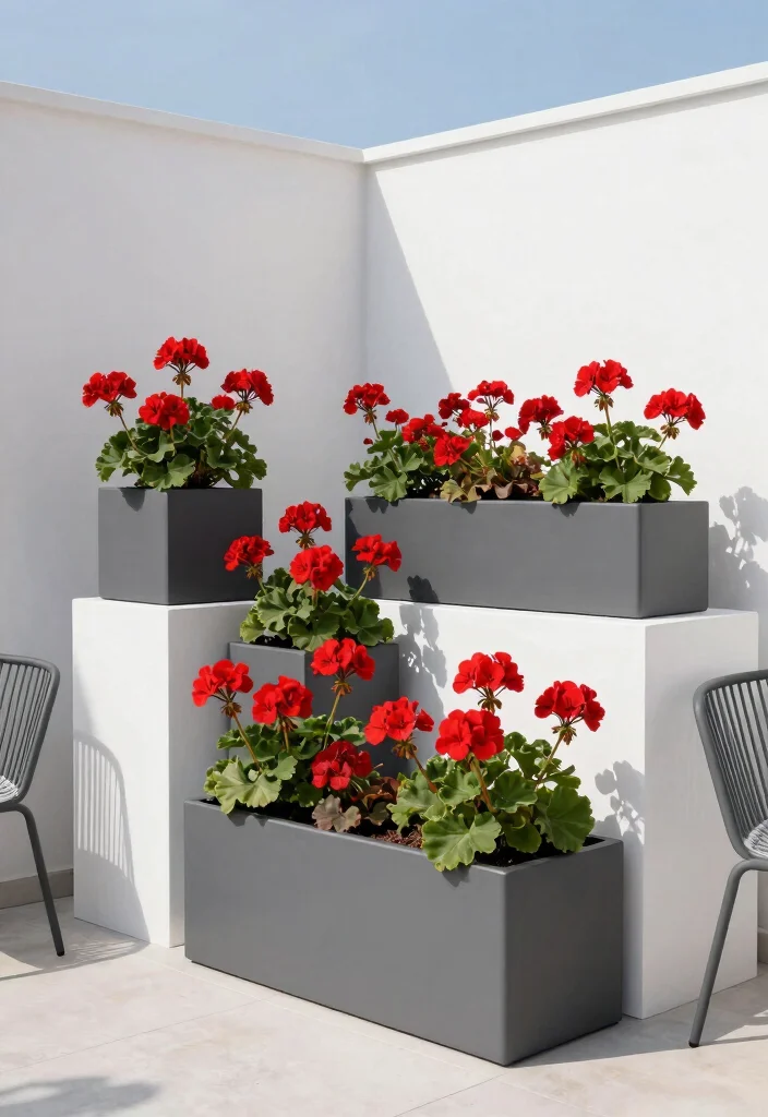 15 Geranium Planter Ideas That Bloom All Summer Long - 13. Bold Monochromatic Planters 1