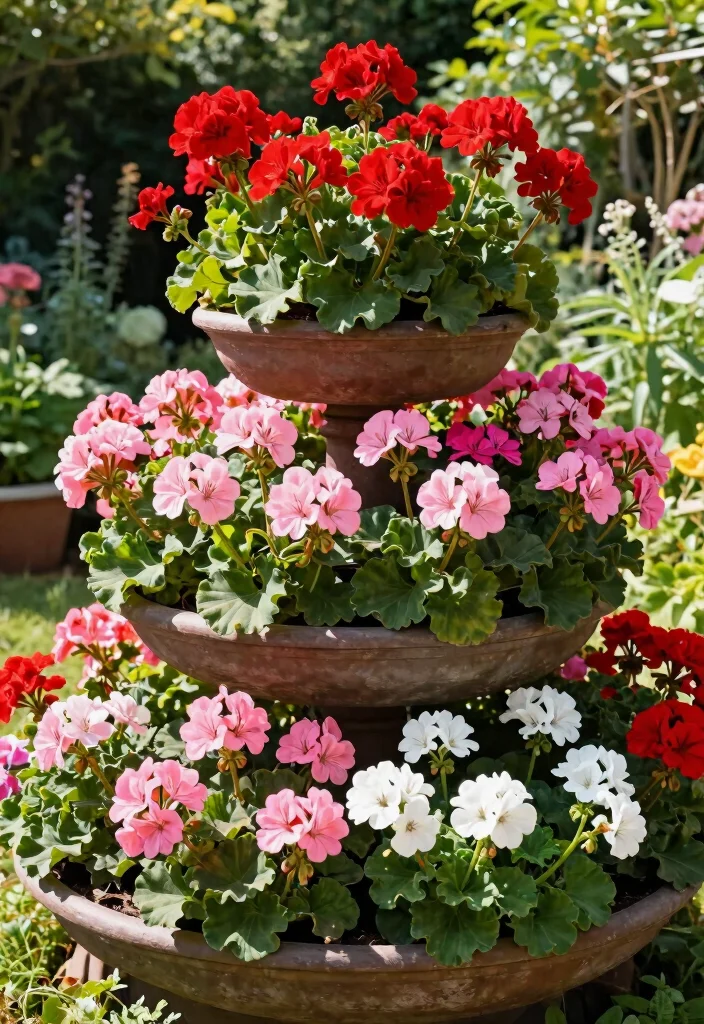15 Geranium Planter Ideas That Bloom All Summer Long - 2. Colorful Tiered Planters 1