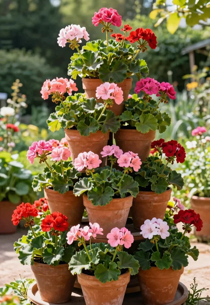 15 Geranium Planter Ideas That Bloom All Summer Long - 5. Geranium Tower 1