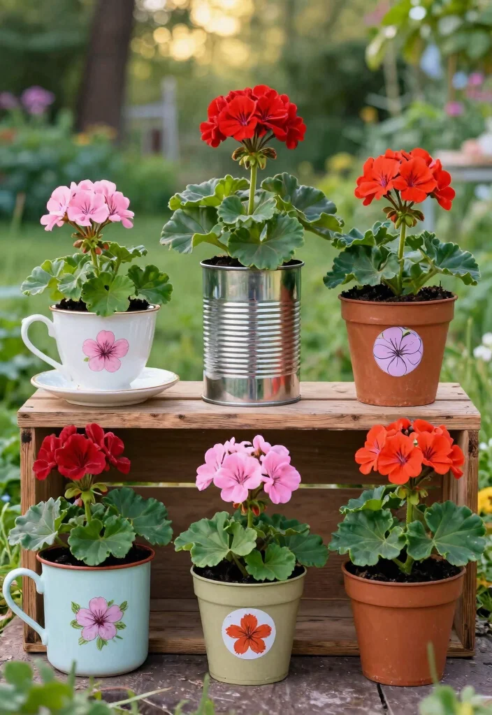 15 Geranium Planter Ideas That Bloom All Summer Long - 8. Upcycled Containers 1