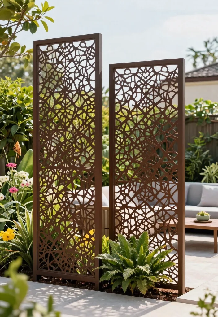 15 Modern Metal Fence Ideas That Provide Privacy Without Feeling Closed In - 10. Privacy Screens with Decorative Patterns 1