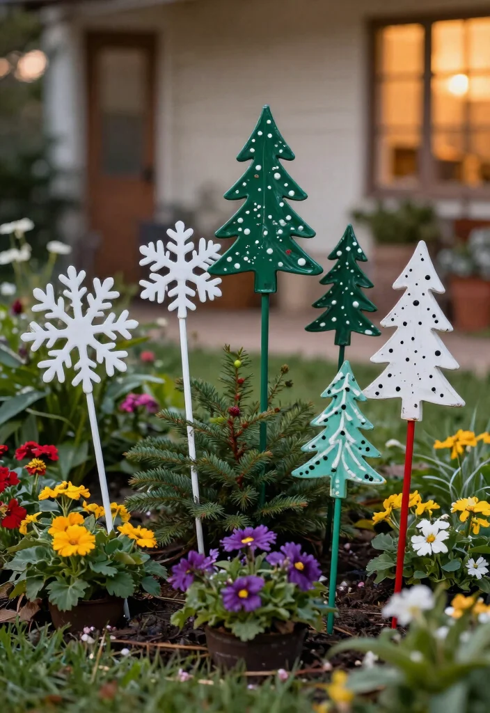 15 Outdoor Christmas Decoration Ideas That Survive Wind and Rain - 2. Durable Garden Stakes with Holiday Themes 1