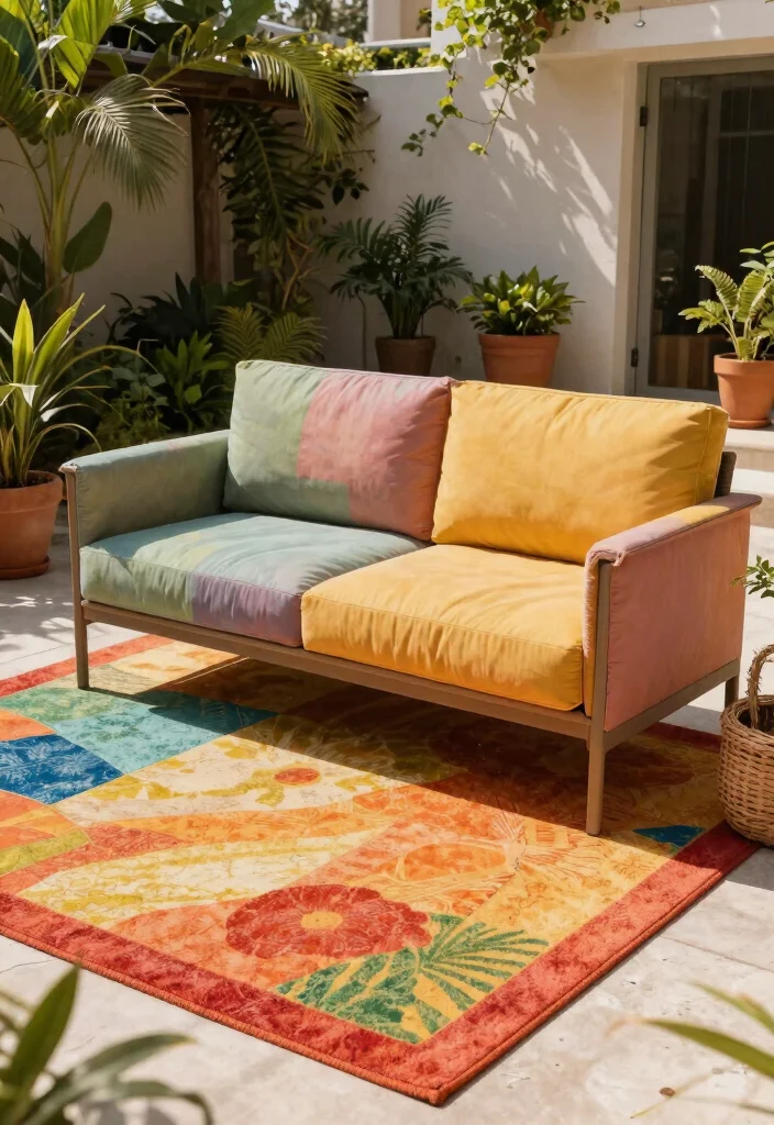 15 Outdoor Sofa Ideas That Hold Up Through Rain and Sun - 15. Colorful Outdoor Rugs 1