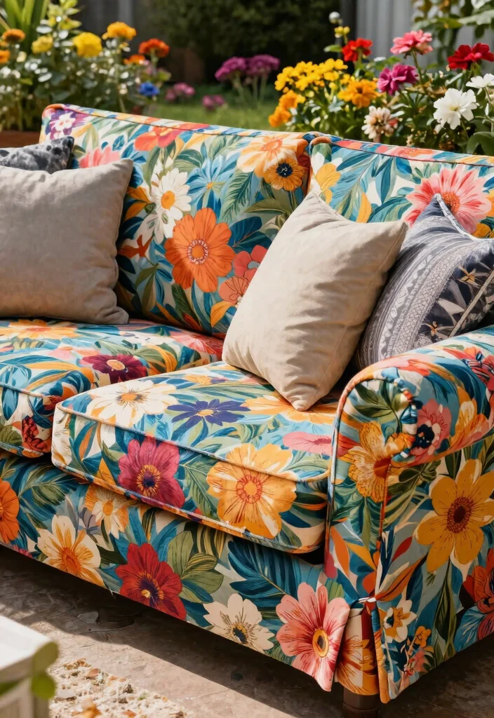 15 Outdoor Sofa Ideas That Hold Up Through Rain and Sun - 9. Bold Patterned Fabrics 1