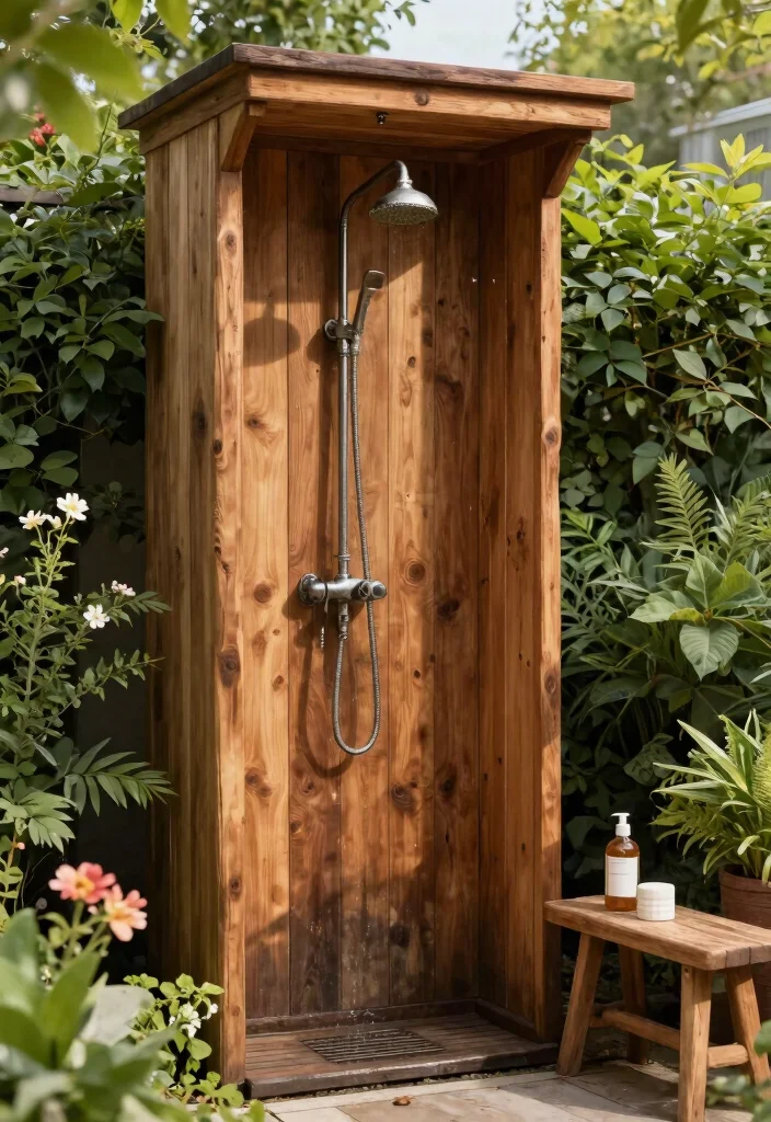 15 Pool Shower Outdoor Ideas That Rinse Off Chlorine Before Going Inside - 1. Rustic Wooden Shower 1