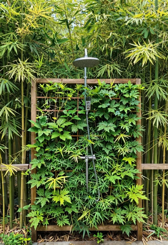 15 Pool Shower Outdoor Ideas That Rinse Off Chlorine Before Going Inside - 11. Shower with Privacy Plants 1