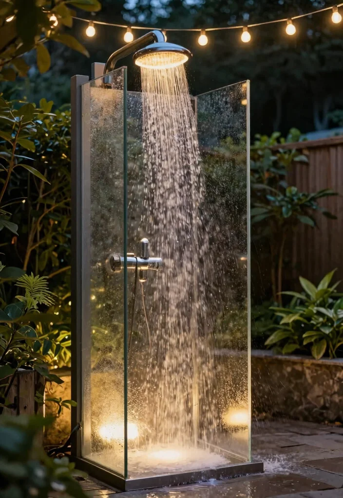 15 Pool Shower Outdoor Ideas That Rinse Off Chlorine Before Going Inside - 14. Shower with Mood Lighting 1